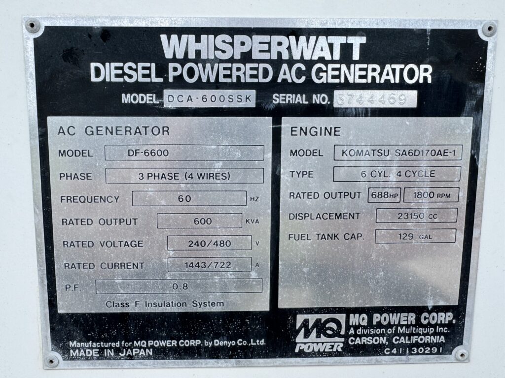 Multiquip DCA-600SSK Mobile Diesel Generator Set – 480kW – Low Hours