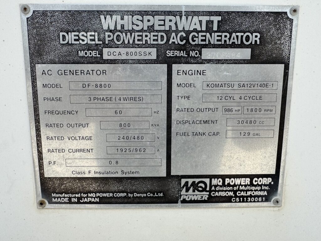 Multiquip DCA-800SSK Mobile Diesel Generator Set – 640kW – Low Hours