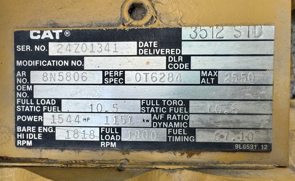 Caterpillar 3512 DITA Diesel Generator Set – 1050kW – Low Hours