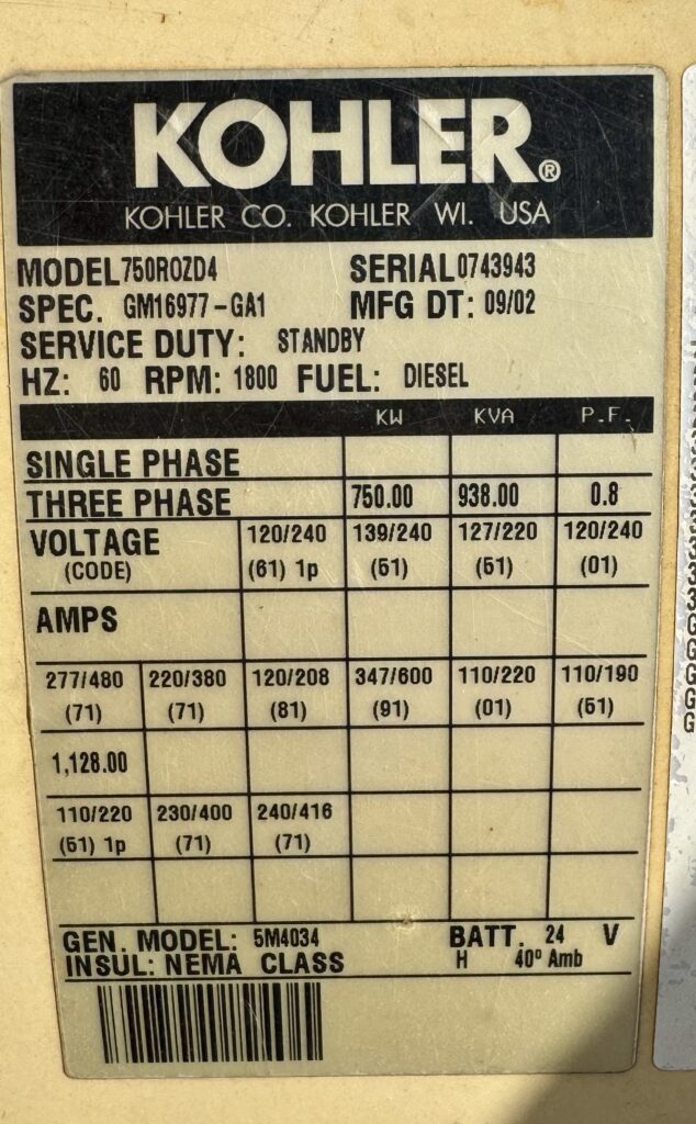 Kohler 750ROZD4 Diesel Generator Set – 750kW – Low Hours