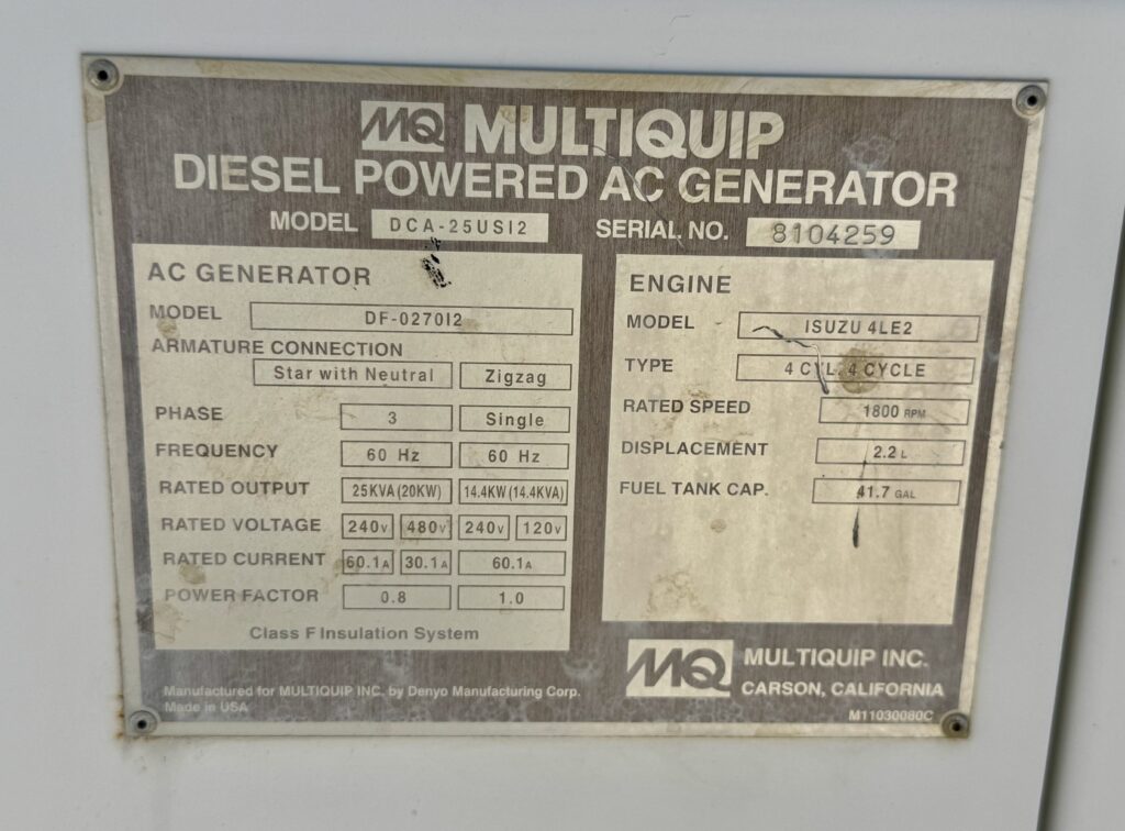 Multiquip DCA-25USI2 Mobile Diesel Generator Set – 20kW