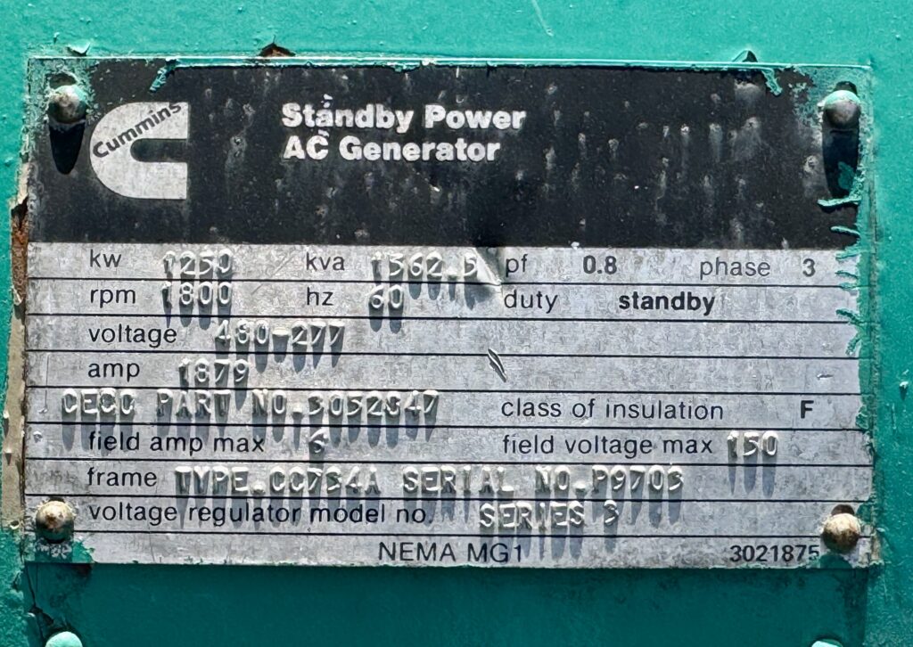 Cummins KTTA50 Diesel Generator Set – 1250kW – Low Hours