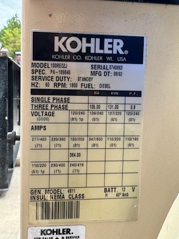Kohler 100REOZJ Diesel Generator Set – Low Hours