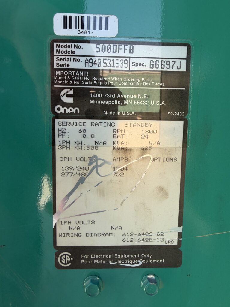 Cummins 500DFFB, 500kW Diesel Generator, Low Hours
